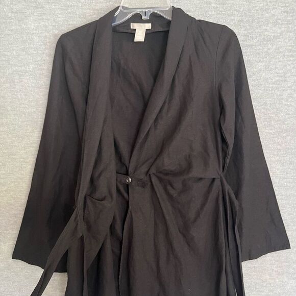 H&M Linen Blend Wrap Dress Womens XS Black Long Sleeve Kimono Capsule Minimalist - Picture 4 of 11